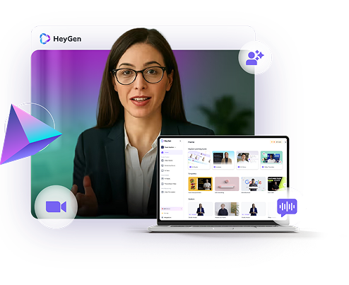 Device mockup displaying HeyGen’s AI avatar video creation interface, used by Elioud for outbound sales automation and training content.